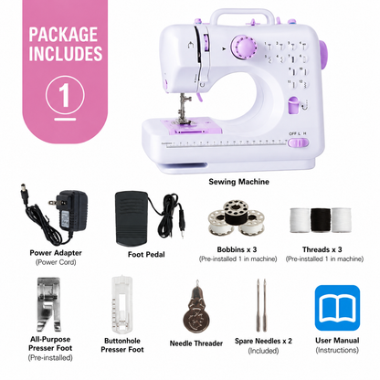 Compact 12-Stitch Sewing Machine with Overlock Function