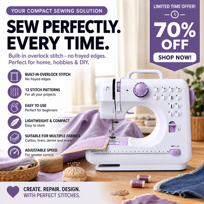 Compact 12-Stitch Sewing Machine with Overlock Function