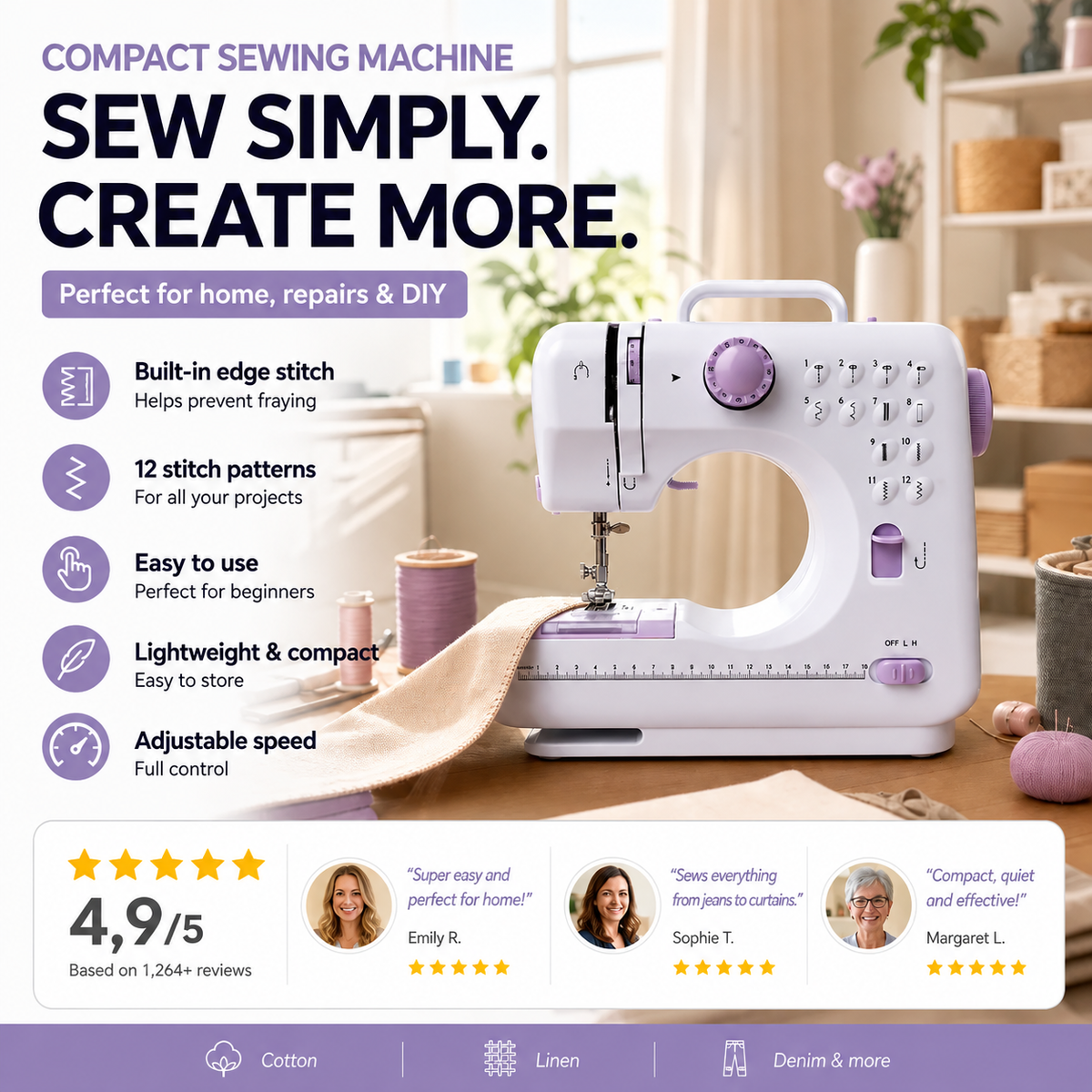 Compact 12-Stitch Sewing Machine with Overlock Function