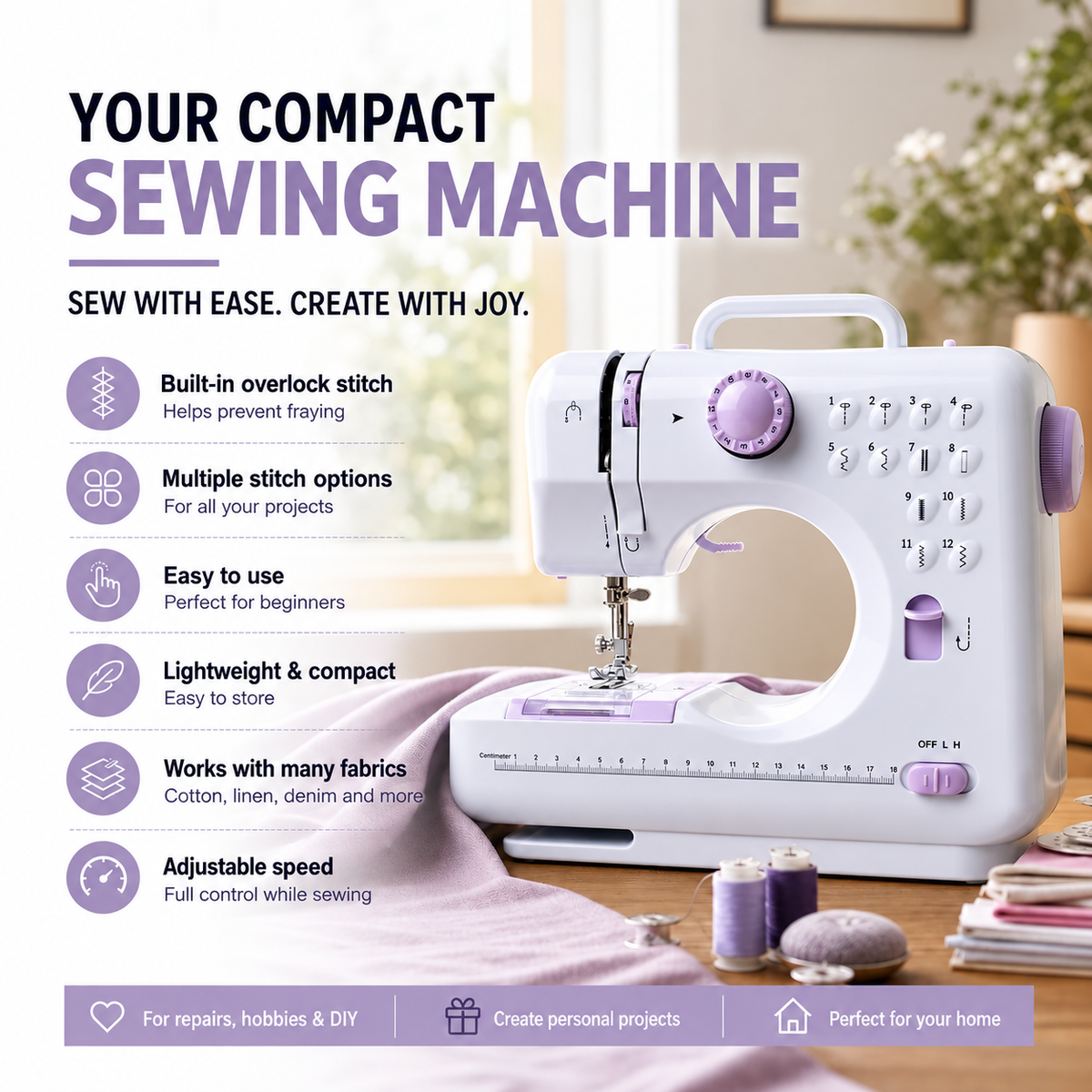 Compact 12-Stitch Sewing Machine with Overlock Function