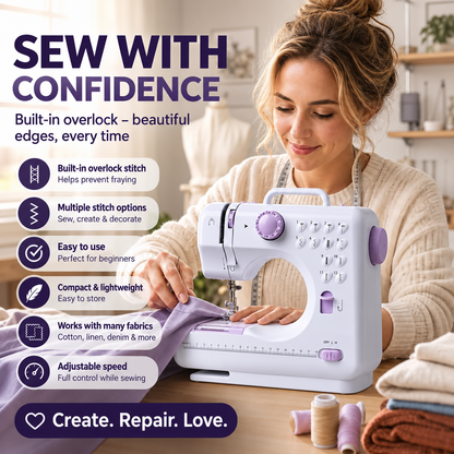 Compact 12-Stitch Sewing Machine with Overlock Function