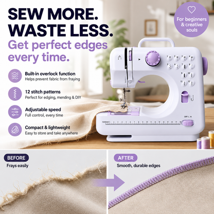 Compact 12-Stitch Sewing Machine with Overlock Function